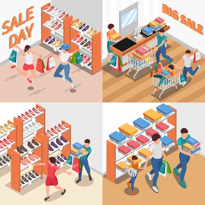 Shopping people isometric set of square compositions with indoor views of clothing store with human characters vector illustration