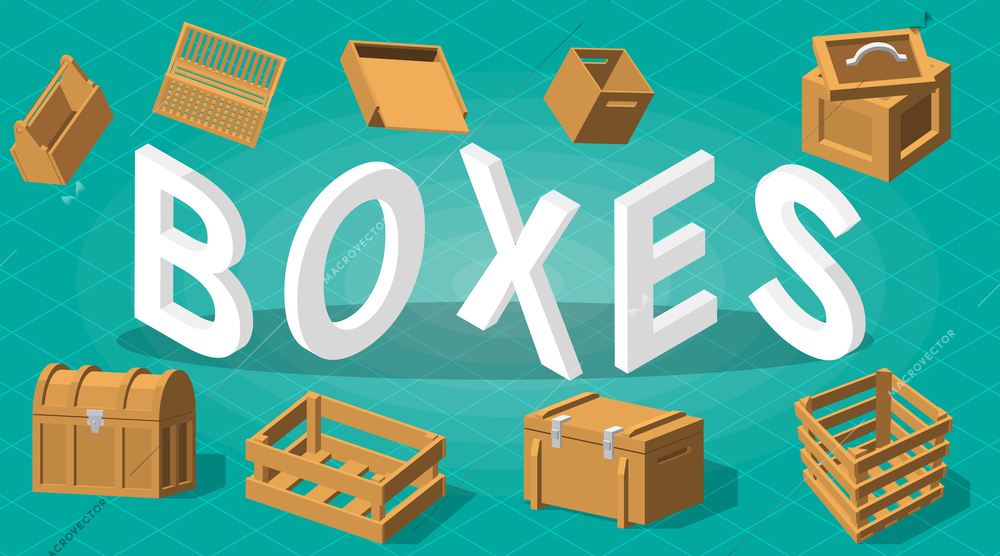 Boxes composition with text and set of isolated wooden pallet packages icons with locks and lids vector illustration