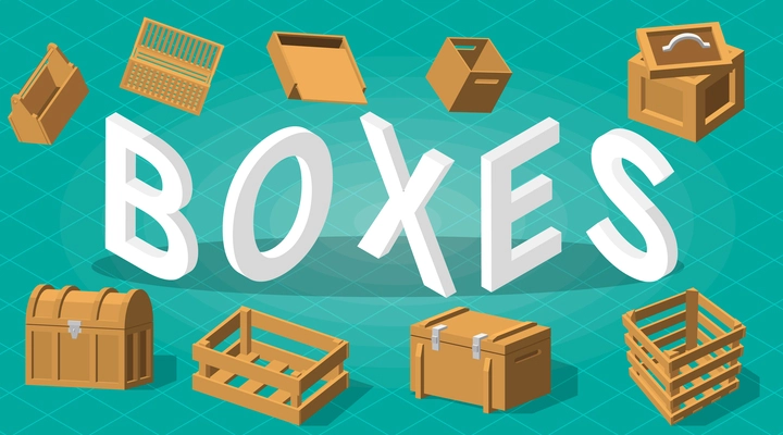 Boxes composition with text and set of isolated wooden pallet packages icons with locks and lids vector illustration