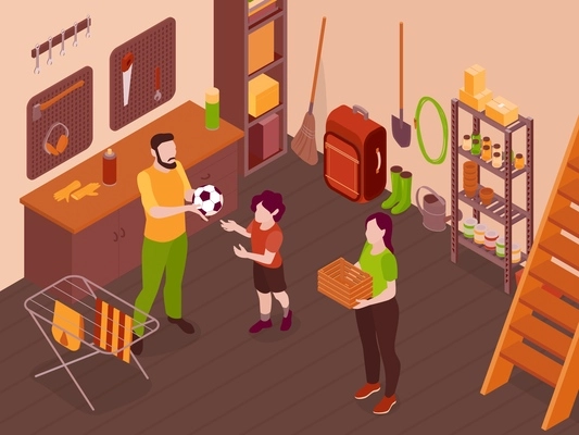 Storeroom isometric vector illustration with mother father and their little son doing daily chores in basement of family cottage