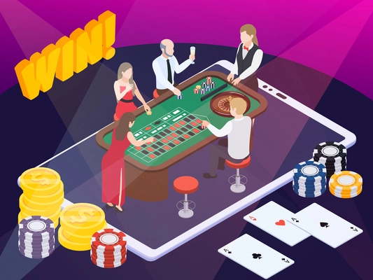 Casino isometric composition with people at gaming table on top of tablet with game cards chips vector illustration