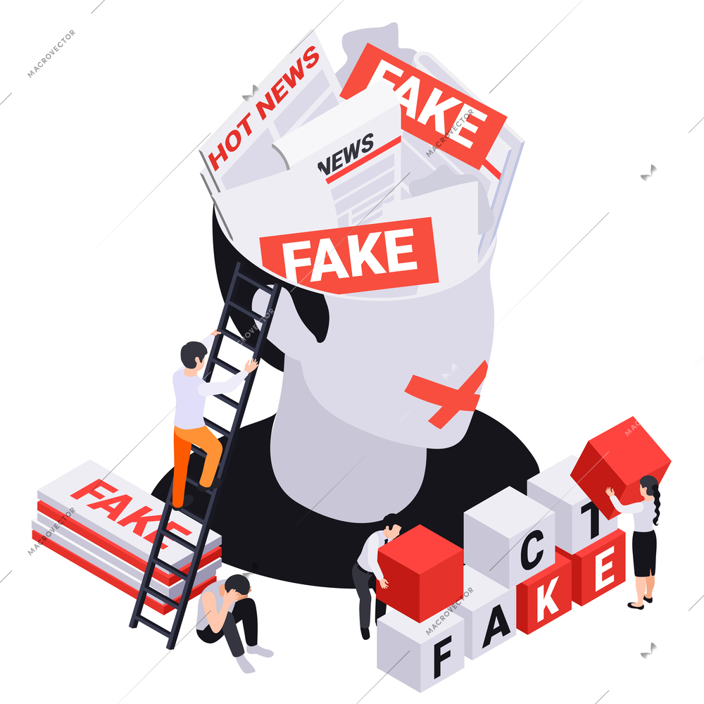 Fake news disinformation propaganda isometric composition with human head filled with newspapers pages with mistaken facts vector illustration