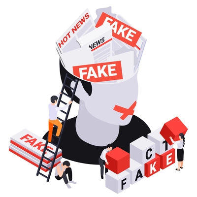 Fake news disinformation propaganda isometric composition with human head filled with newspapers pages with mistaken facts vector illustration