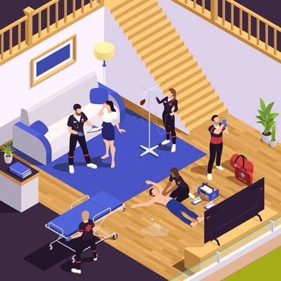 Ambulance team isometric background with paramedics brigade providing first aid to young man in home interior vector illustration