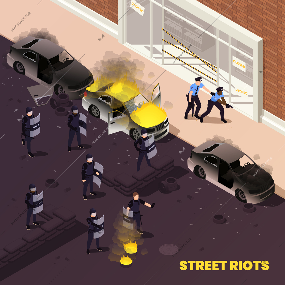 Street riots isometric background with burning cars and police officers in full tactical gear suppressing aggression of protesting mob vector illustration