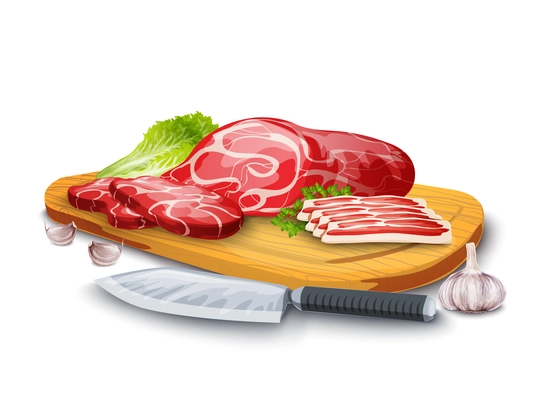 Meat steak chopped and bacon on wooden board with kitchen knife and garlic vector illustration