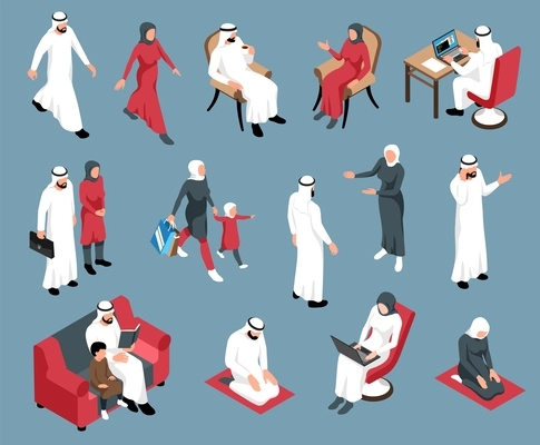 Isometric arab muslim family icon set with isolated human characters of adult couple and their child vector illustration
