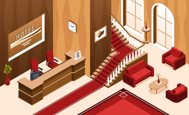 Isometric hotel lobby composition with indoor view of roomy hall with windows stairs and reception desk vector illustration