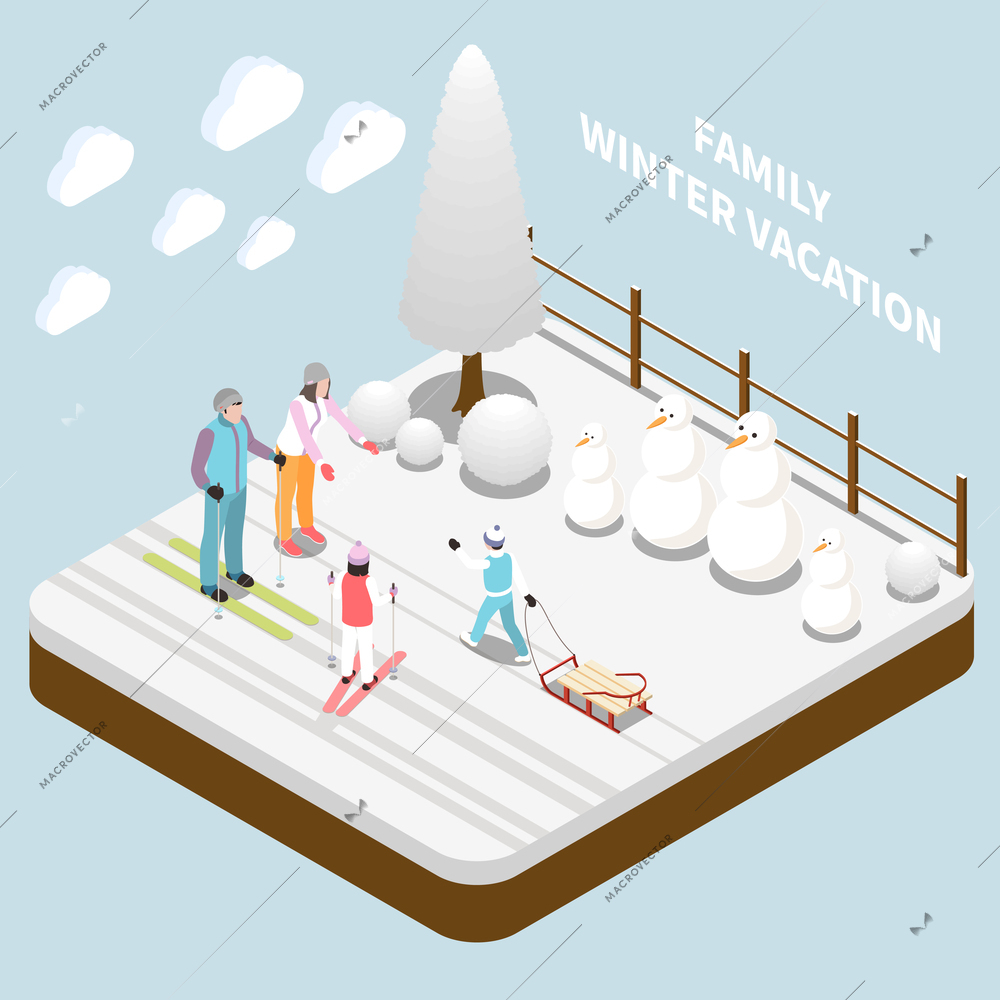 Family winter vacation background with kids and parents sledding skiing and making snowman isometric vector illustration