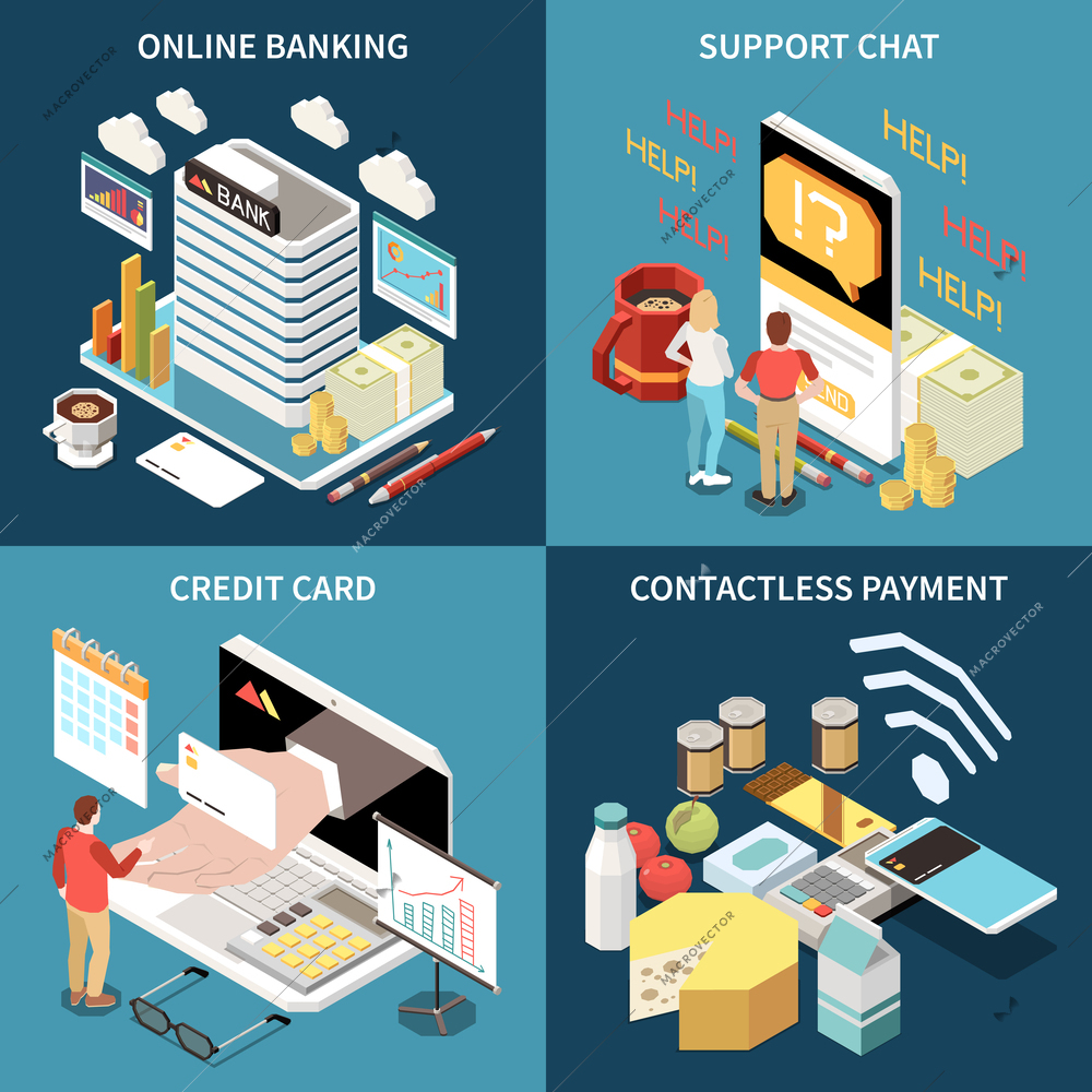 Online mobile banking service 2x2 isometric concept set of credit card contactless payment support chat square icons vector illustration