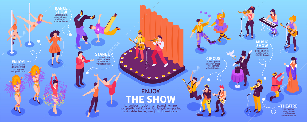 Enjoy show artist performance isometric infographics with musicians actors dancers performing on stage 3d vector illustration