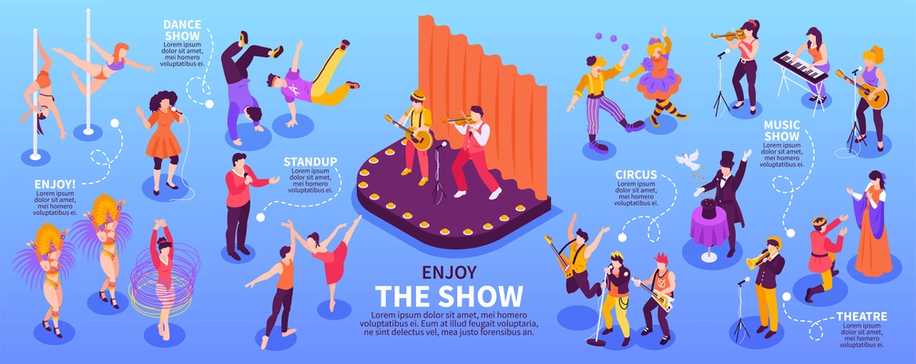 Enjoy show artist performance isometric infographics with musicians actors dancers performing on stage 3d vector illustration