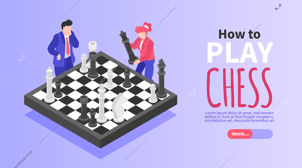 How to play chess isometric horizontal banner with two people and chessboard on color background 3d vector illustration