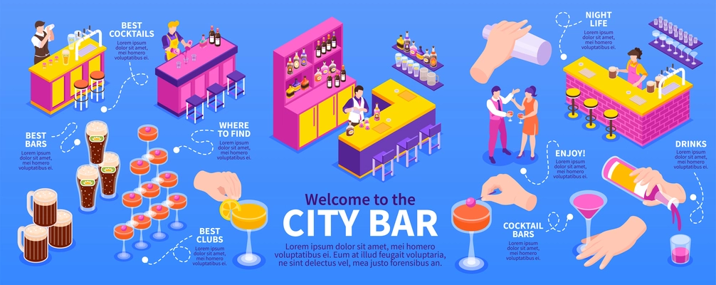 Isometric horizontal city bar infographics with various drinks and bartenders making cocktails on blue background 3d vector illustration