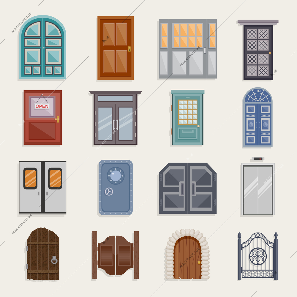 Door house entrance architecture elements flat icon set isolated vector illustration