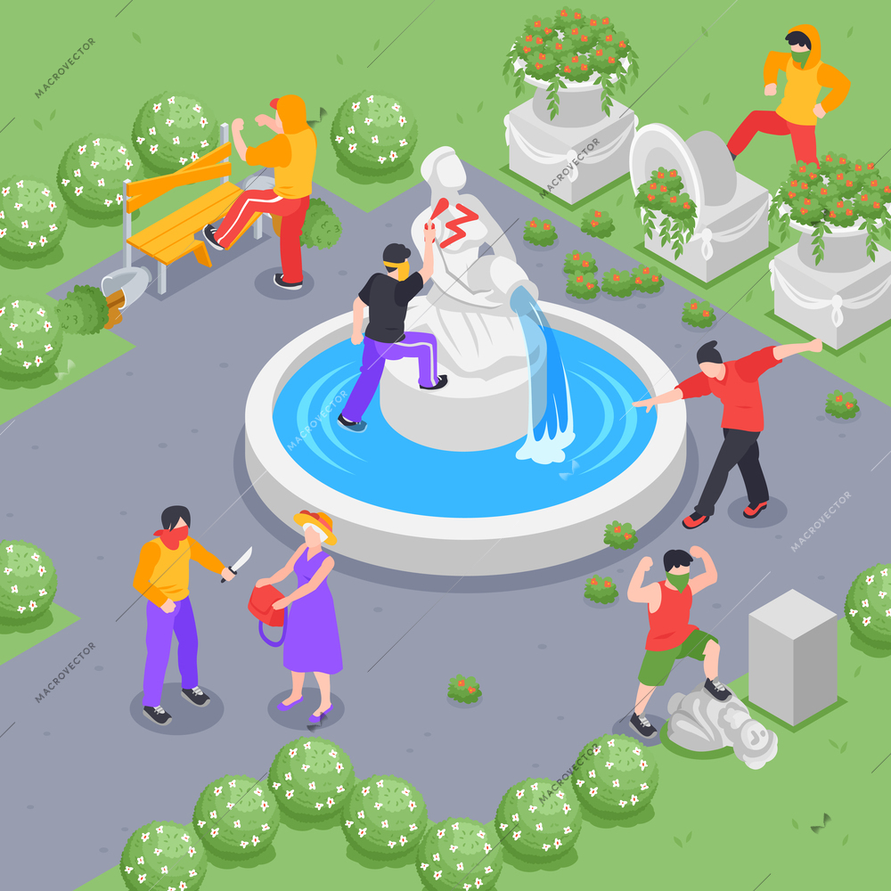 Group of hooligans vandalizing in park and mugging woman 3d isometric vector illustration