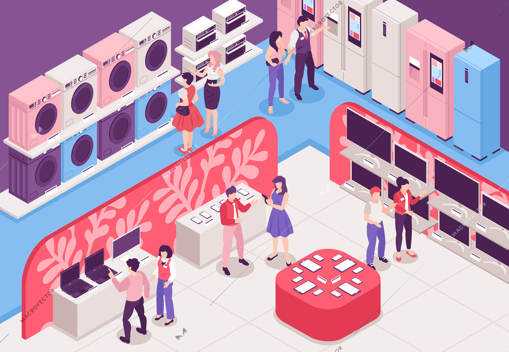 Home appliances store isometric interior with shop assistants helping customers 3d vector illustration