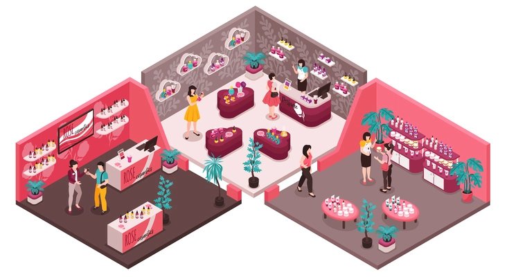 Isometric cosmetics store interior with female shop assistants helping customers choose products 3d vector illustration