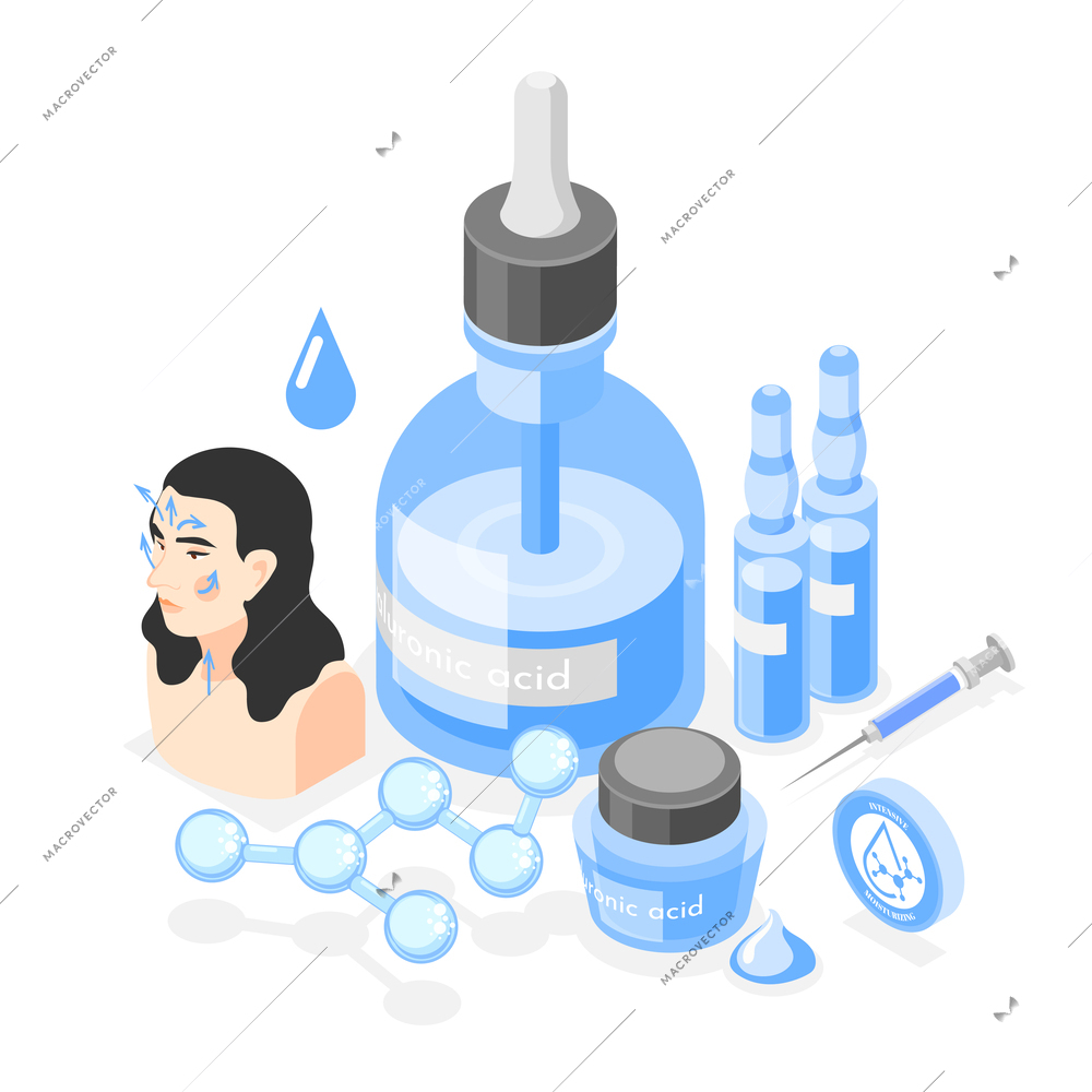 Hyaluronic acid isometric composition with set of vials creams syringe and molecular structure with female face vector illustration