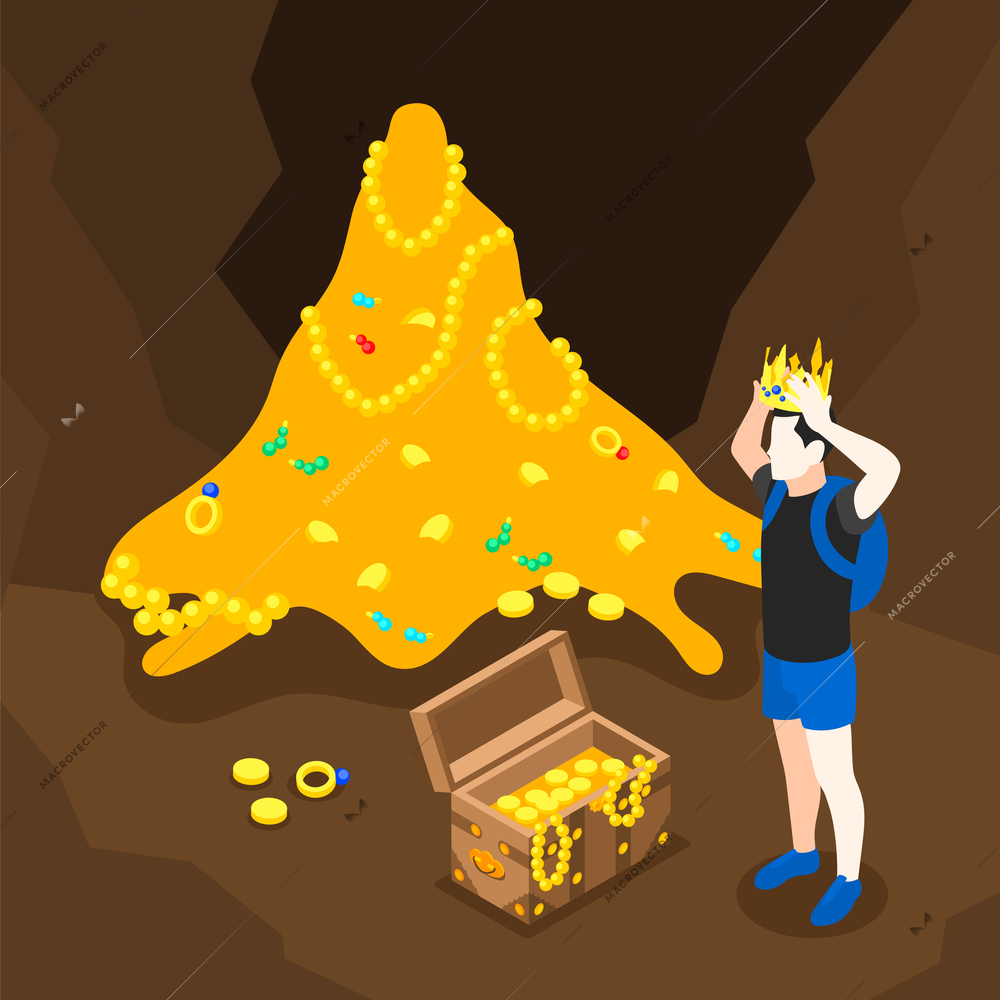 Treasure quest isometric background with man fitting golden crown open treasure chest and pile of jewels vector illustration