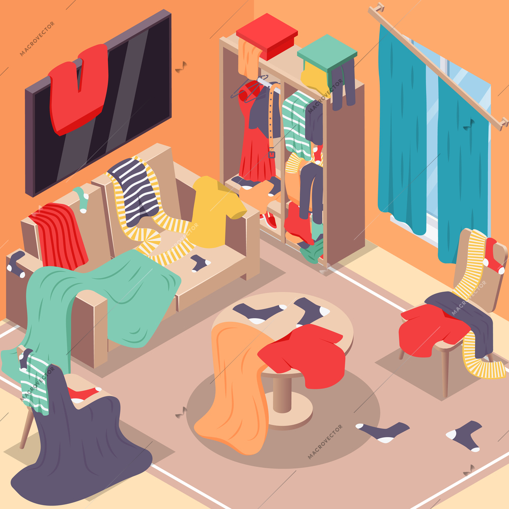 Messy room isometric background with clothes disorder symbols vector illustration