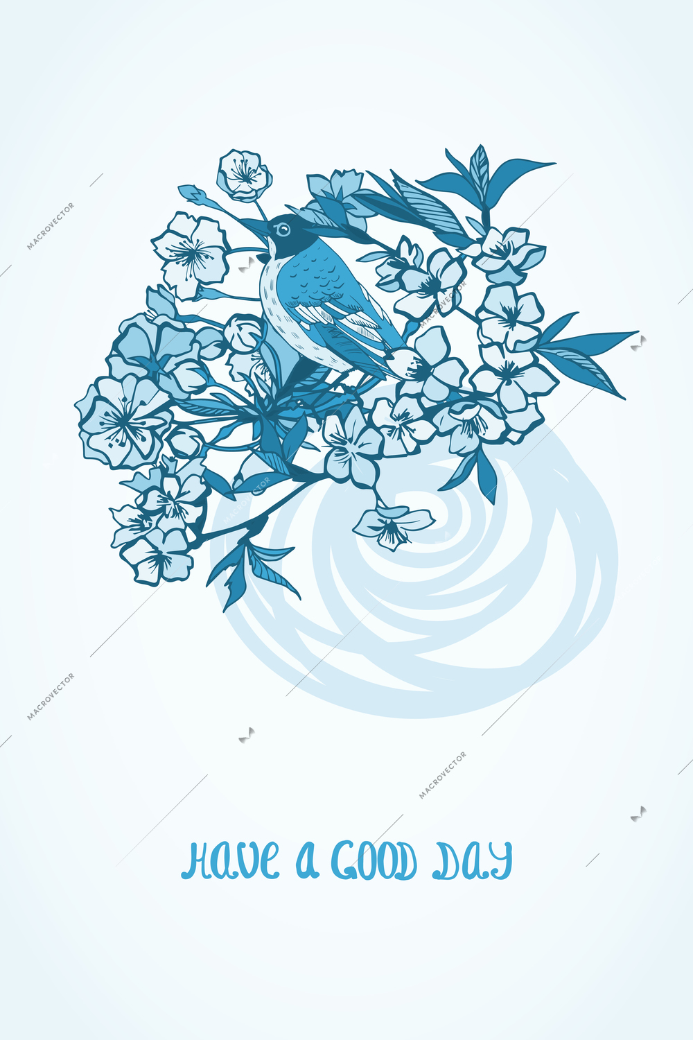 Good day wishing card with cherry sakura flowers and bird decorative symbol isolated vector illustration