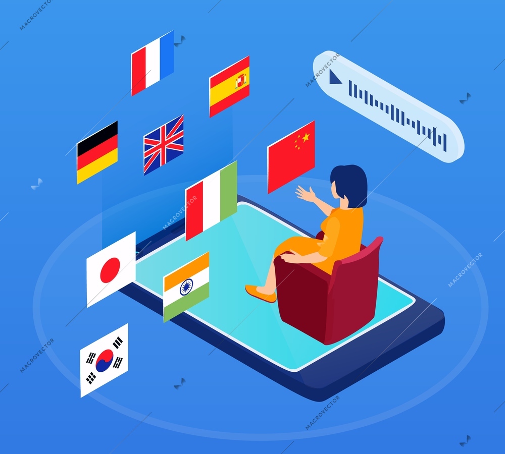 Isometric language school composition with set of national flags smartphone voice message bubble and female user vector illustration