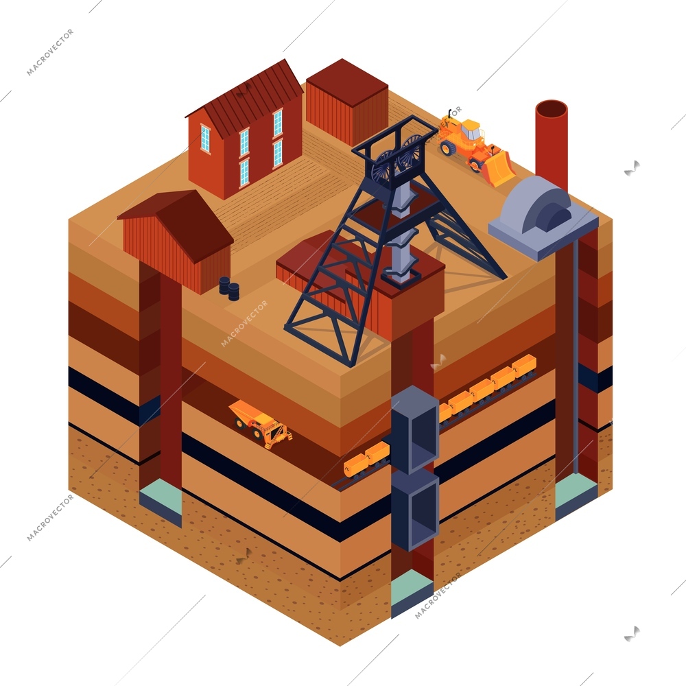 Isometric mining isolated composition with profile view of ground cube with extraction layers and surface equipment vector illustration