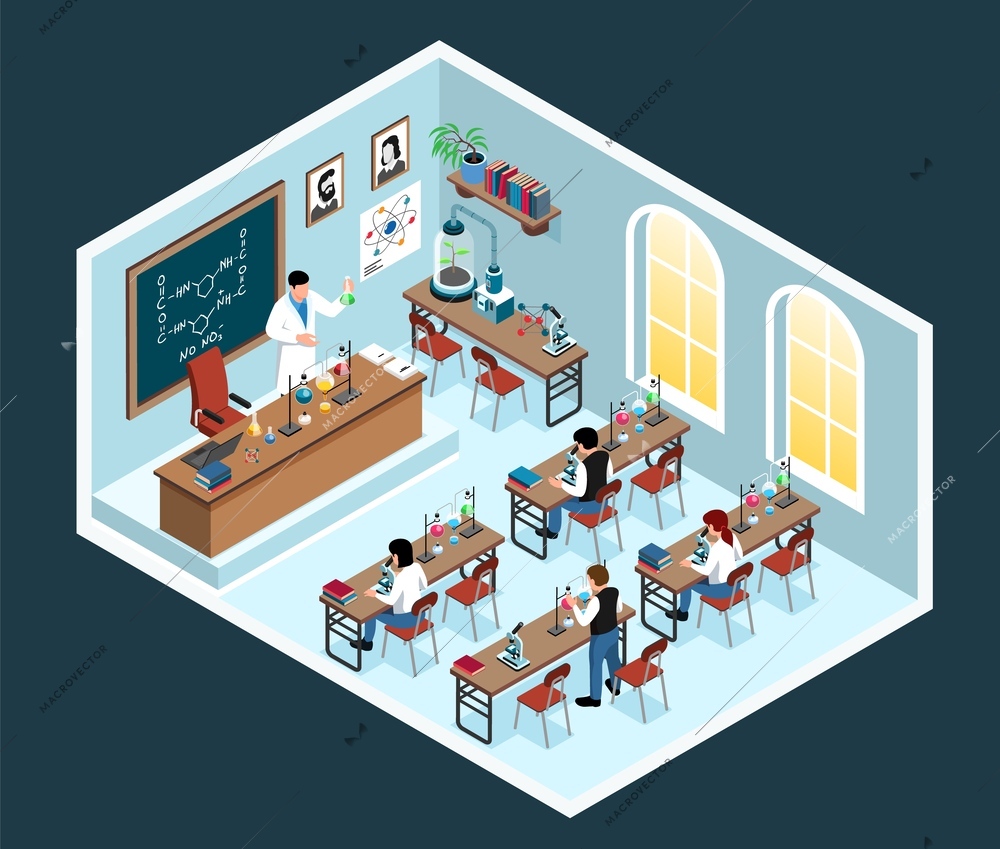 Isometric science class isolated composition with classroom scenery and school teacher of chemistry with test tubes vector illustration