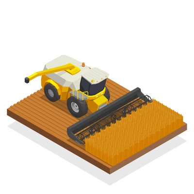 Modern agricultural machinery composition with isometric platform and view of harvesting vehicle gathering harvest in field vector illustration