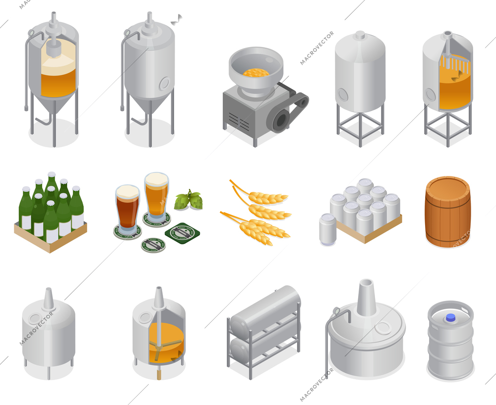 Brewery beer production isometric set with isolated icons of factory facilities tanks tubes on blank background vector illustration