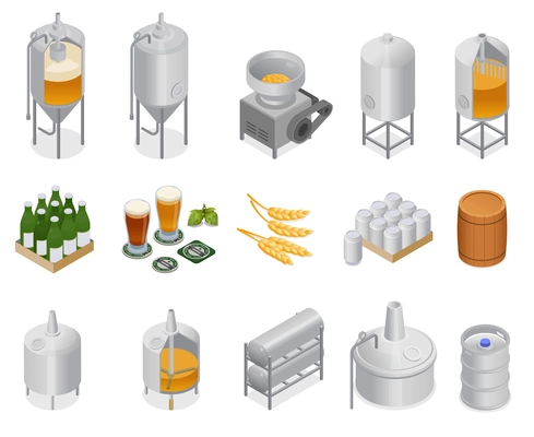 Brewery beer production isometric set with isolated icons of factory facilities tanks tubes on blank background vector illustration