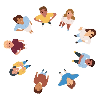 Happy people standing in circle and looking up flat composition top view vector illustration