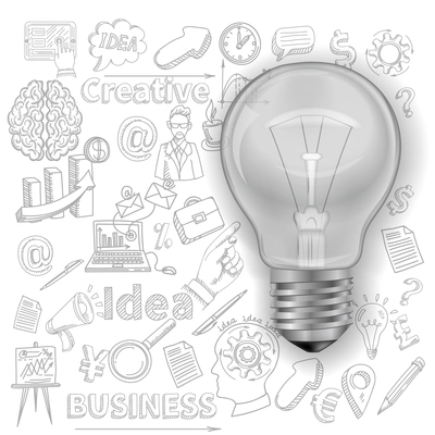 Creative poster with lightbulb and business symbols on background vector illustration