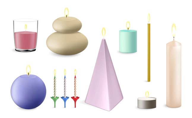 Realistic set of various burning scented decor birthday candles of different shapes colors and styles isolated vector illustration