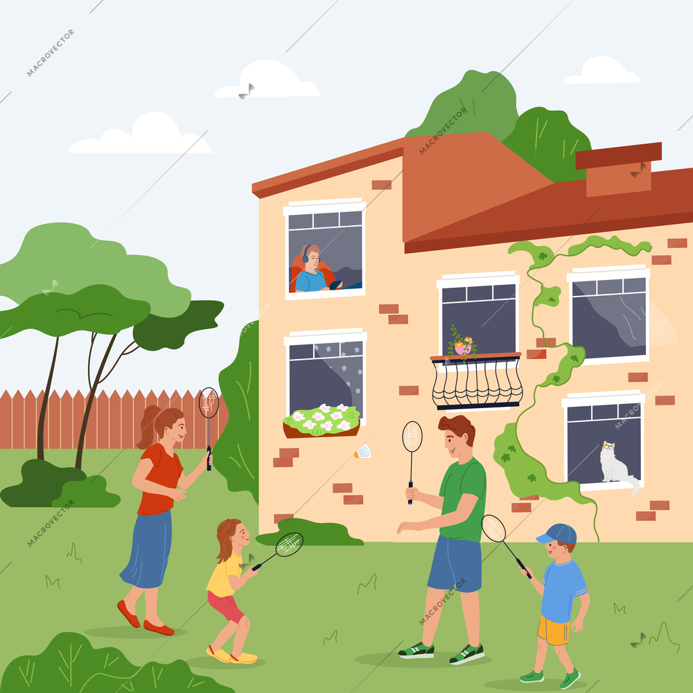 Family free time flat composition with mother father and their little children playing badminton on lawn near house vector illustration