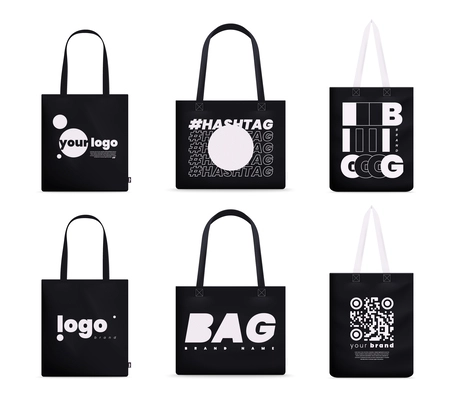 Tote fabric bag mockup realistic set with isolated images of black cloth bags with text artwork vector illustration