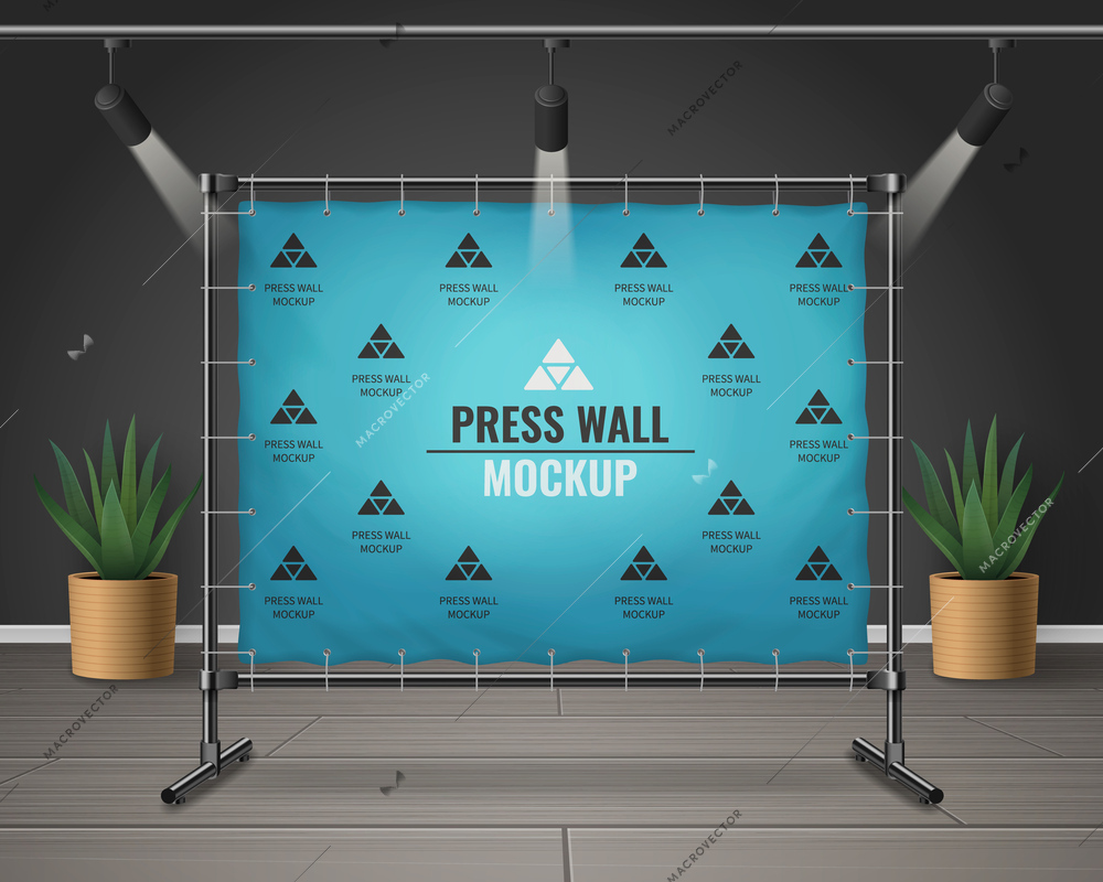 Realistic press wall mockup illuminated by spotlights in room with potted plants vector illustration