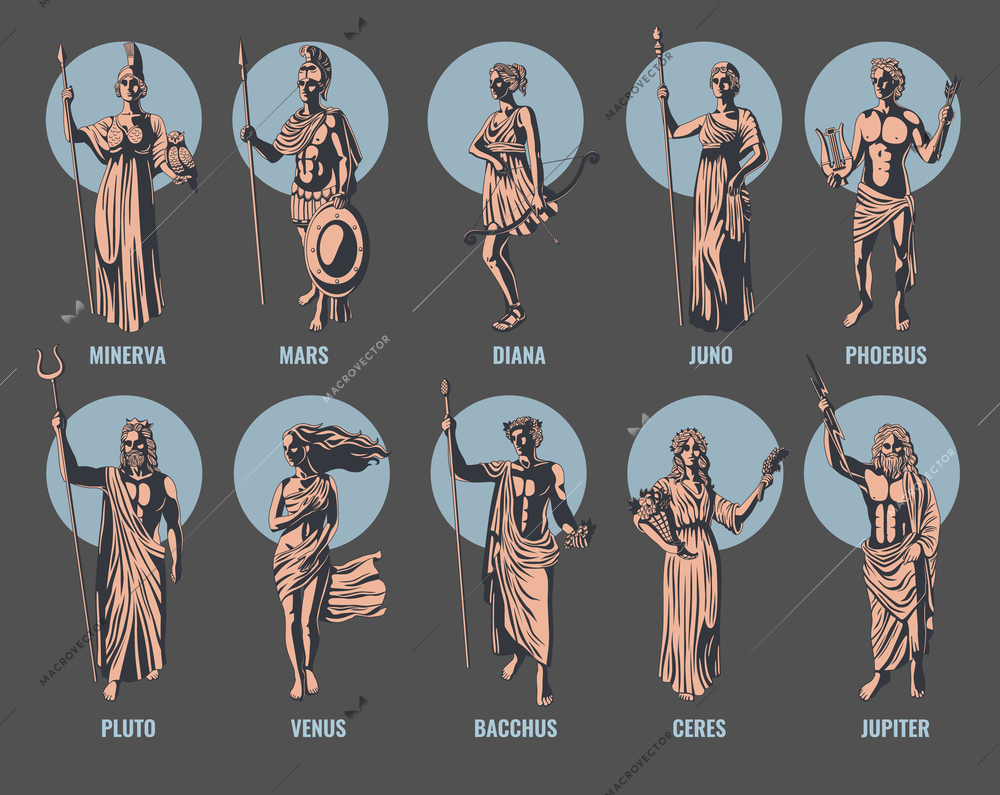 Ancient greek olympian gods and goddesses with names flat color set isolated vector illustration