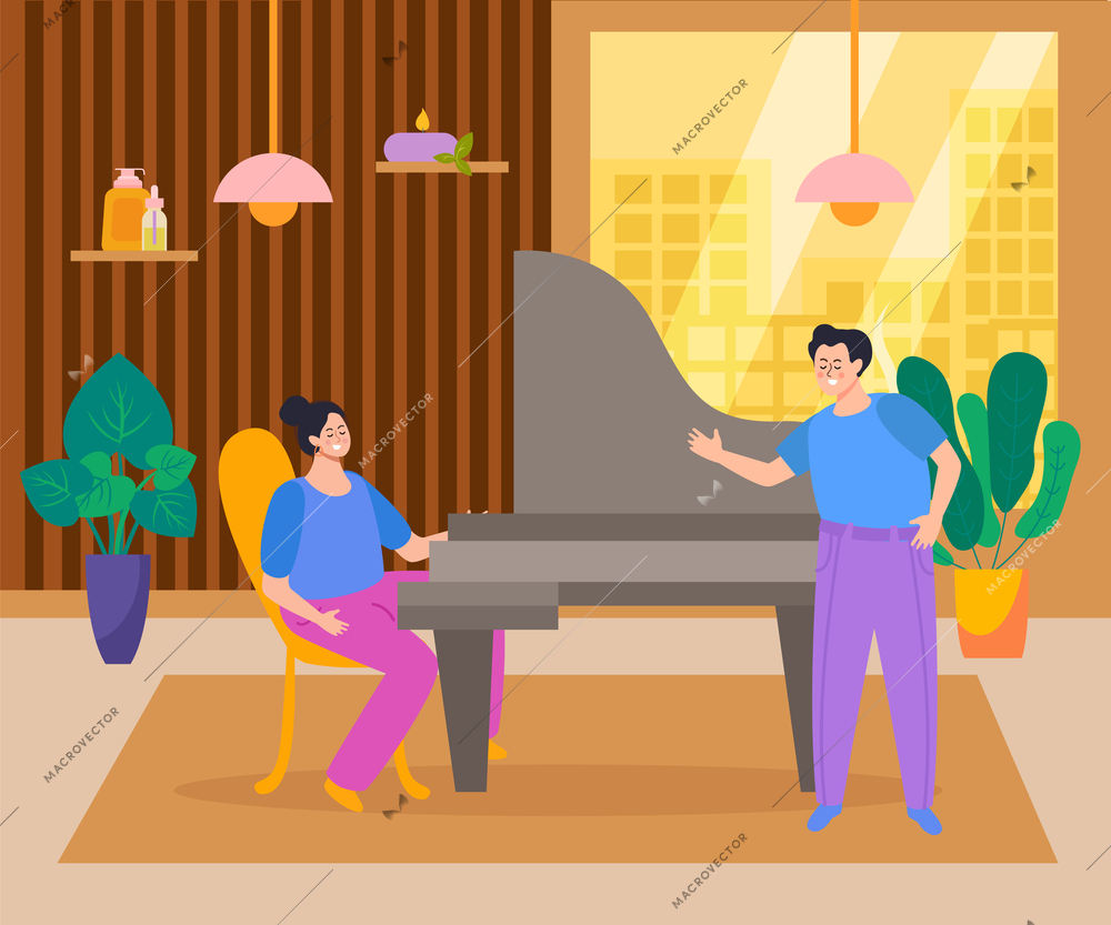 Creative people leisure flat background with woman sitting at piano and accompanying singing man vector illustration