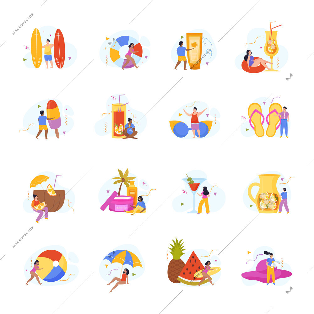 Relax and chill flat icons set of people spending vacation on summer beach isolated vector illustration