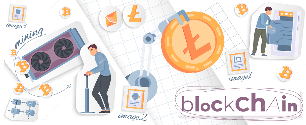 Crypto platform collage with blockchain symbols flat vector illustration
