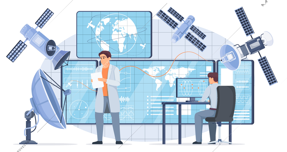 Satellites and surveillance concept with data symbols flat vector illustration