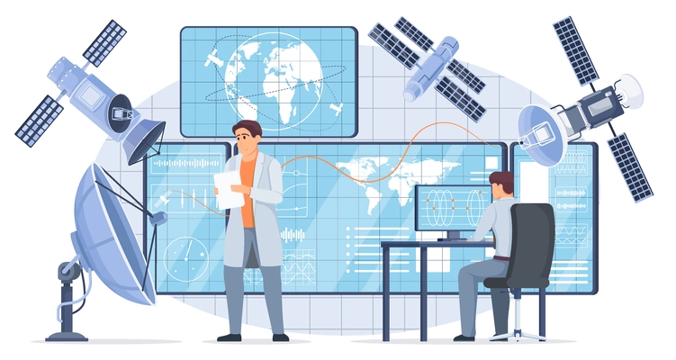 Satellites and surveillance concept with data symbols flat vector illustration