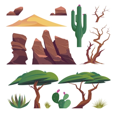 Sandy desert set of isolated icons with low trees and bushes dry stems rocks and cacti vector illustration