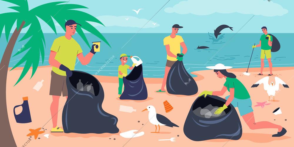 Environmental water pollution concept with volunteers cleaning sea shore flat vector illustration