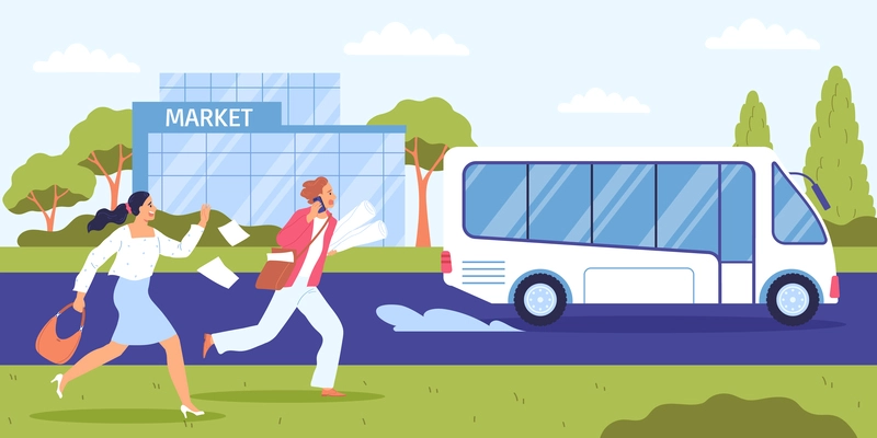Running worried people being late for outgoing bus flat vector illustration
