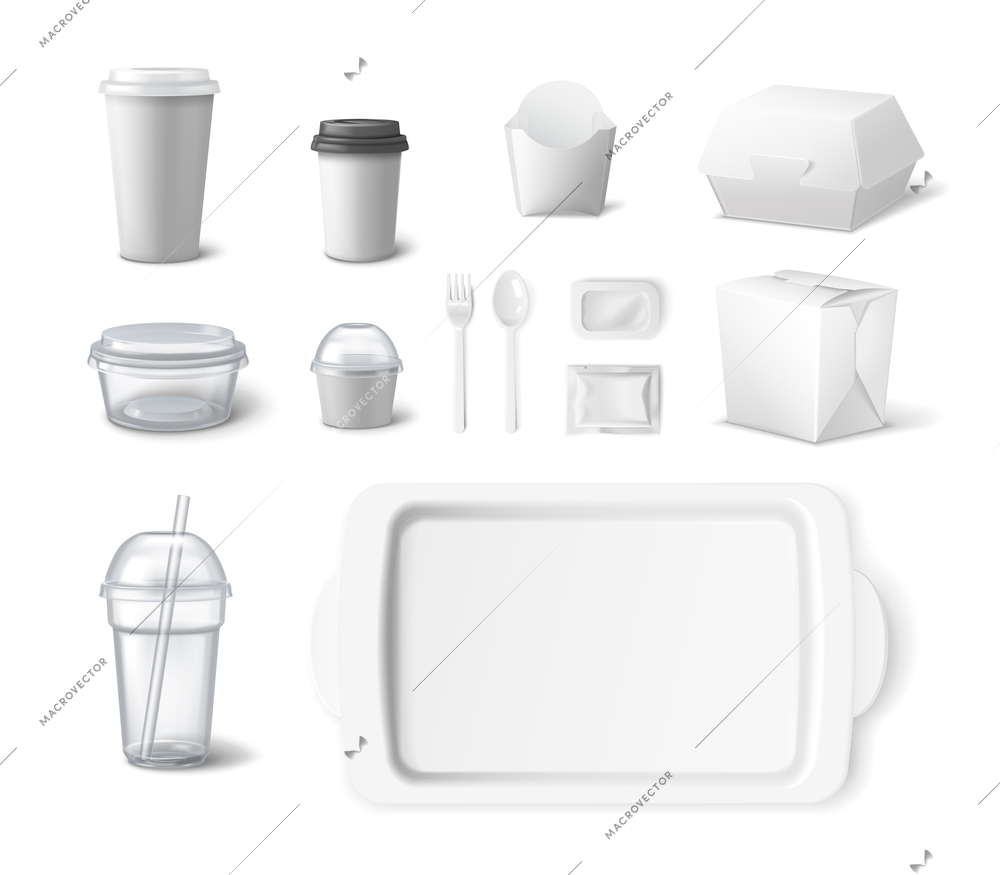 Takeout fast food package set with isolated realistic images of trays cups plates with disposable cutlery vector illustration