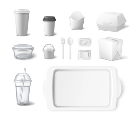 Takeout fast food package set with isolated realistic images of trays cups plates with disposable cutlery vector illustration