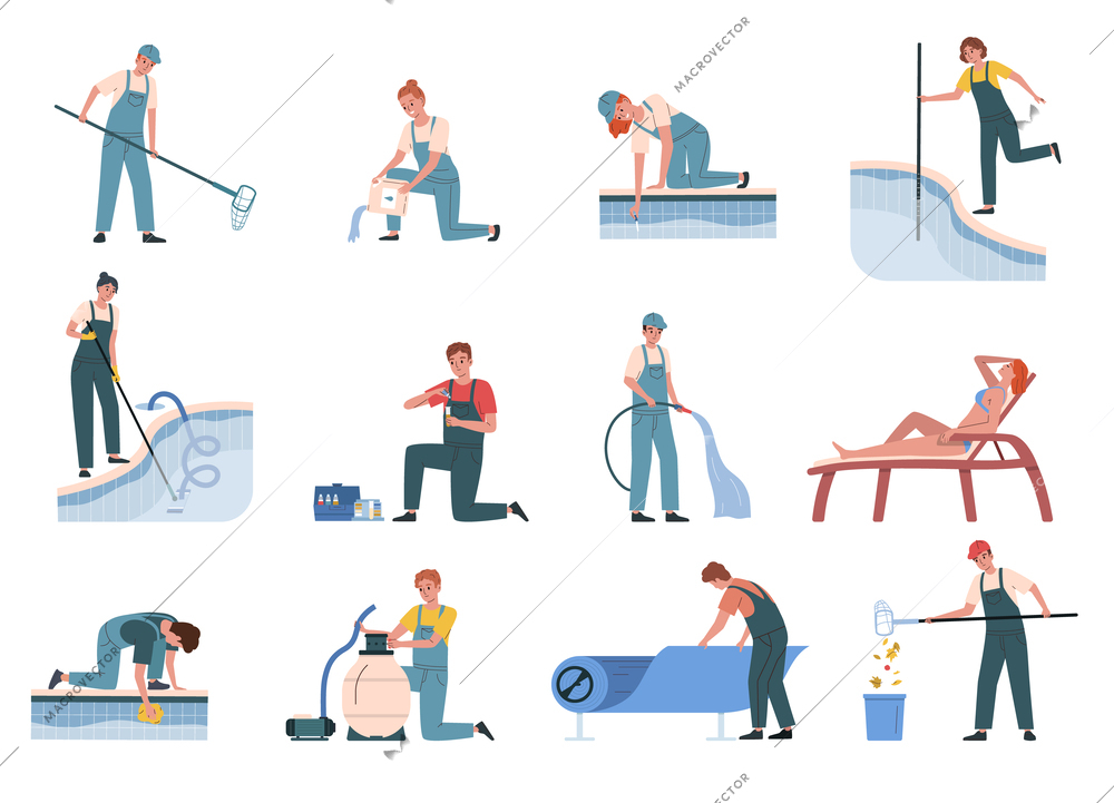 Swimming pool maintenance service workers with equipment flat set isolated vector illustration